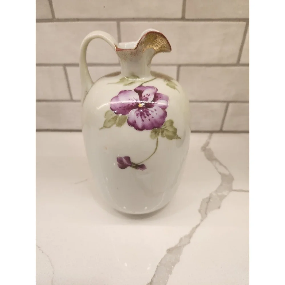 Vintage Hand Painted‎ Ceramic Pink Purple Floral Jug Ewer Gold Details Japan